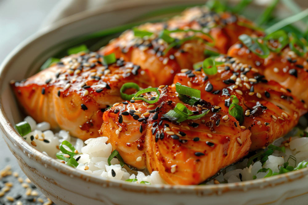 Air fryer teriyaki salmon bites with greens, sesame seeds and spring onion