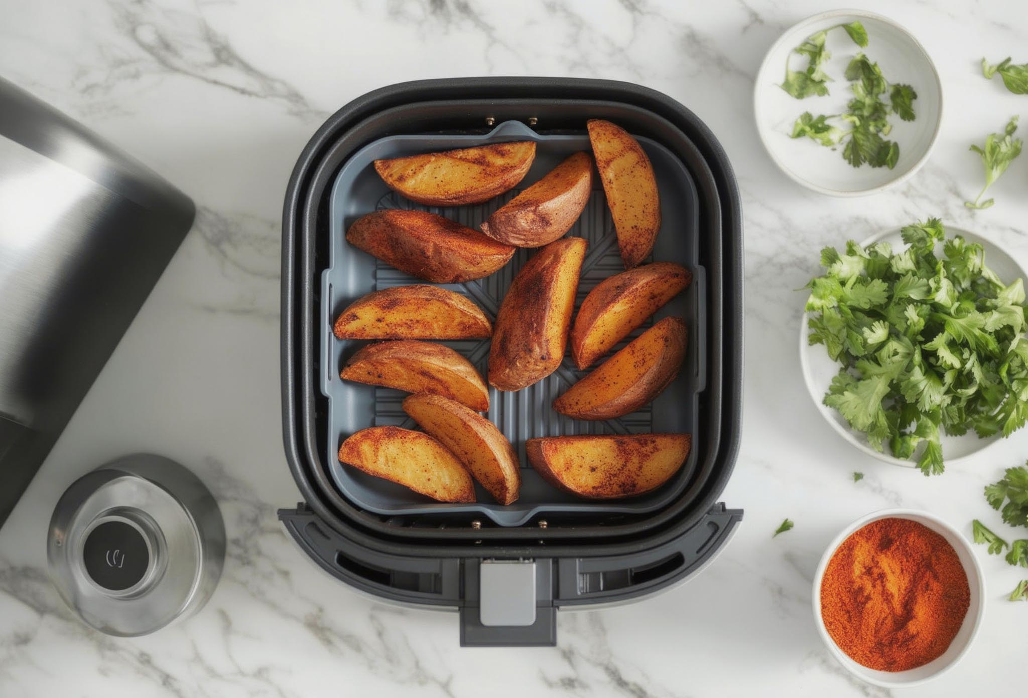 Sweet potato wedges in a Kitchen Curated silicone square air fryer liner inside a Cosori tray on a marble worktop, with ingredients in bowls nearby.