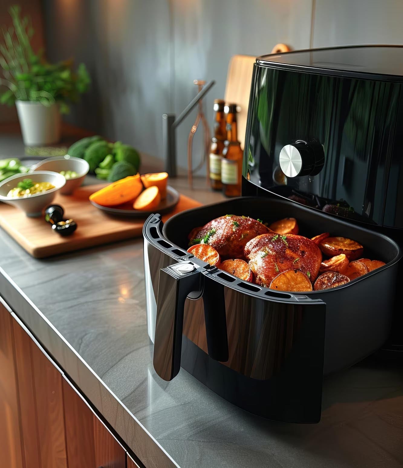 Roast chicken and sweet potato slices cooking inside a black air fryer drawer on a modern kitchen countertop, with fresh ingredients on a wooden board in the background.