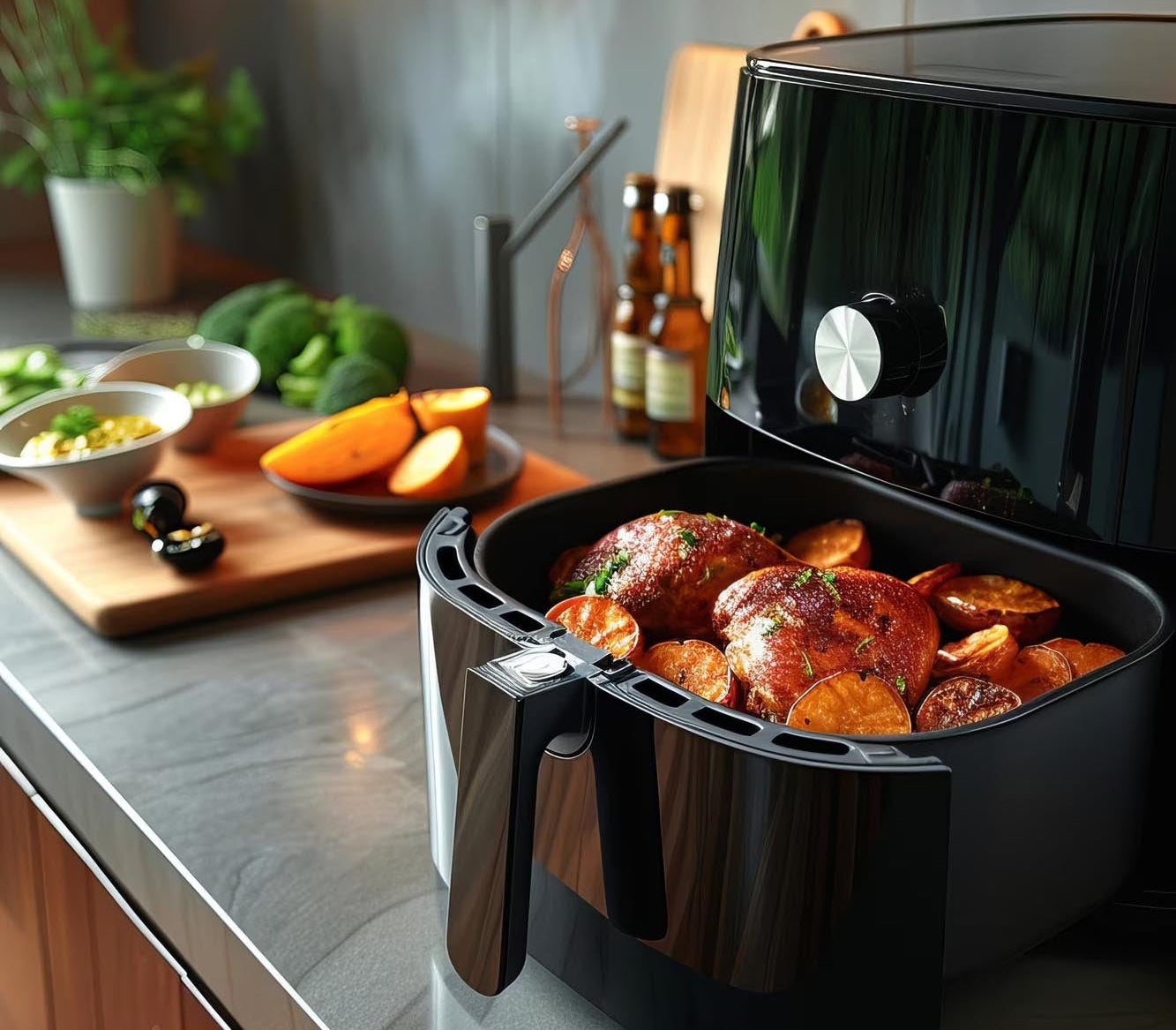 Seasoned chicken and sweet potato cooking directly in a black air fryer basket, without a liner.