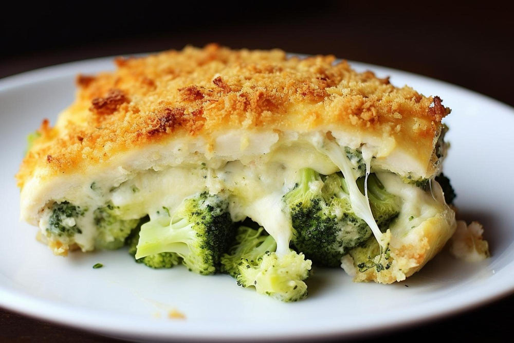 Cheesy Chicken and Broccoli Bake cut in half on white dinner plate