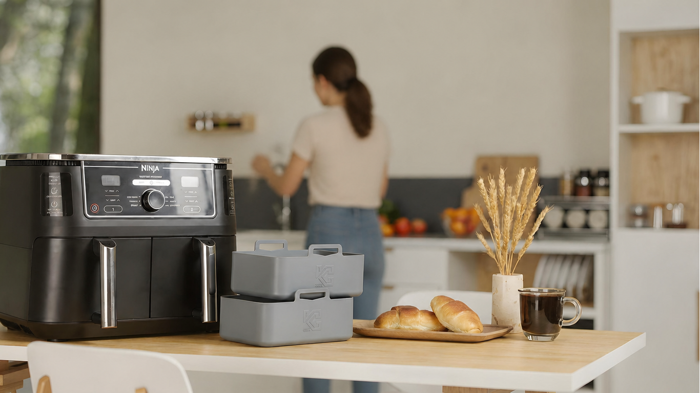 A black air fryer and two gray storage air fryer silicon liners are displayed on a light wood table in a modern kitchen setting, with a woman cooking in the background.