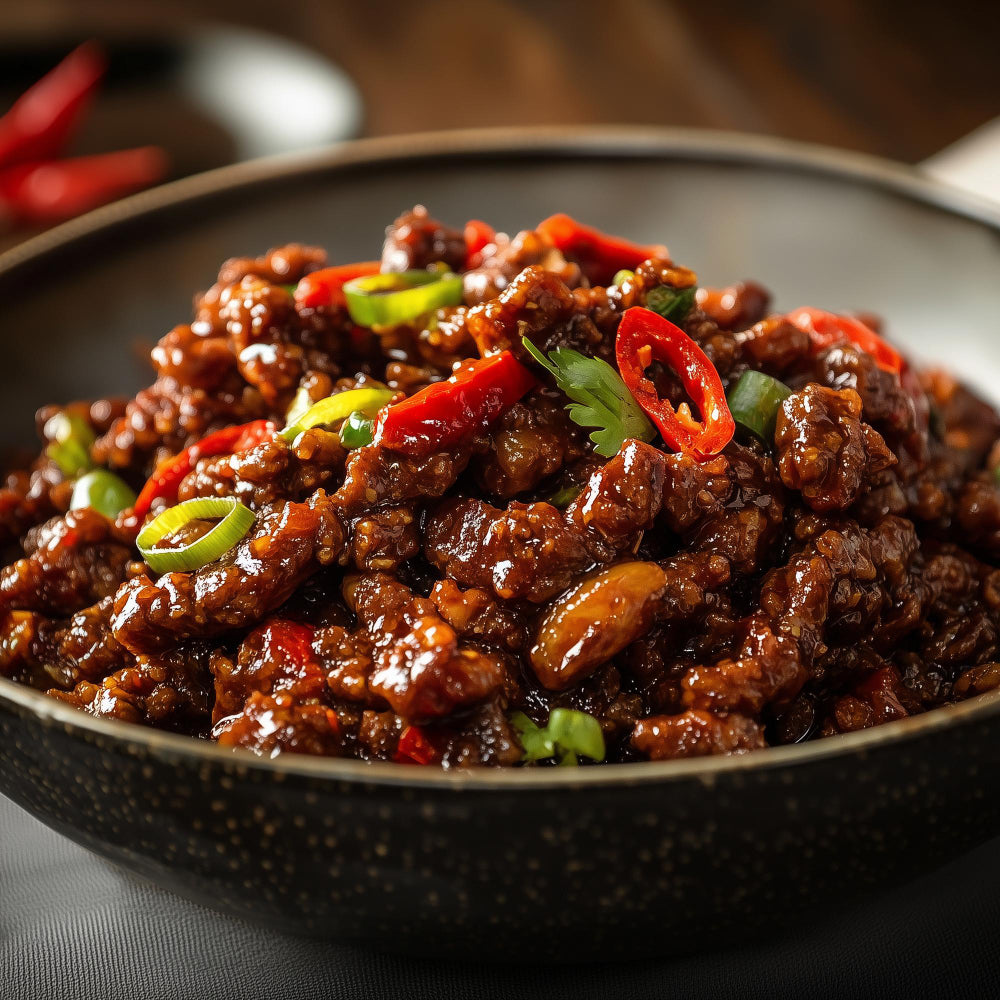 A close-up shot of a savory, glossy brown meat dish Crispy chilli beef with glazed sauce and fresh peppers, green onions, and cilantro, served in a dark speckled bowl. 