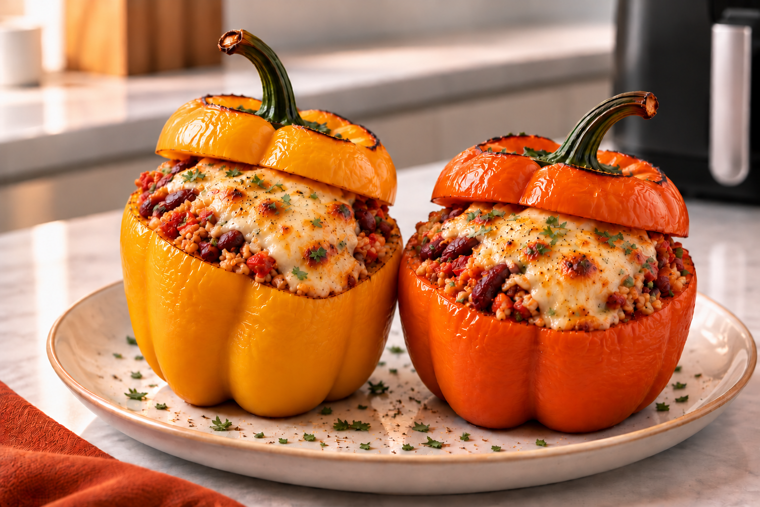 Jack-o'-Lantern Stuffed Peppers for Halloween