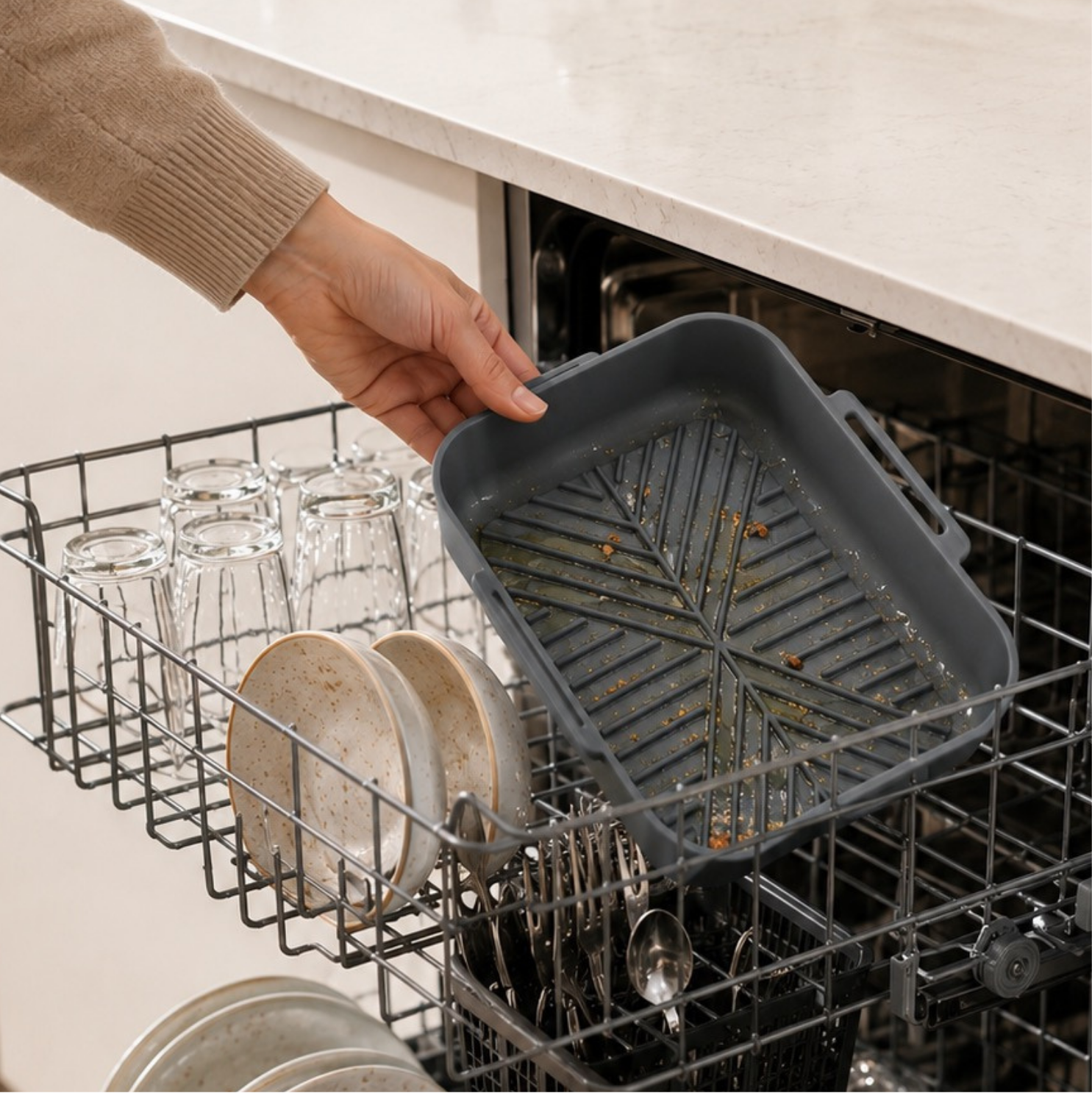 A dark gray rectangular dishwasher-safe tray with a ribbed non-stick air fryer surface and small handle, being held by a hand into a dishwasher with dishes inside.
