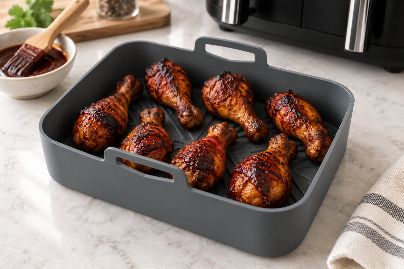 Glazed BBQ chicken drumsticks with dark sticky char, resting in a grey Kitchen Curated silicone air fryer liner on a white marble worktop.