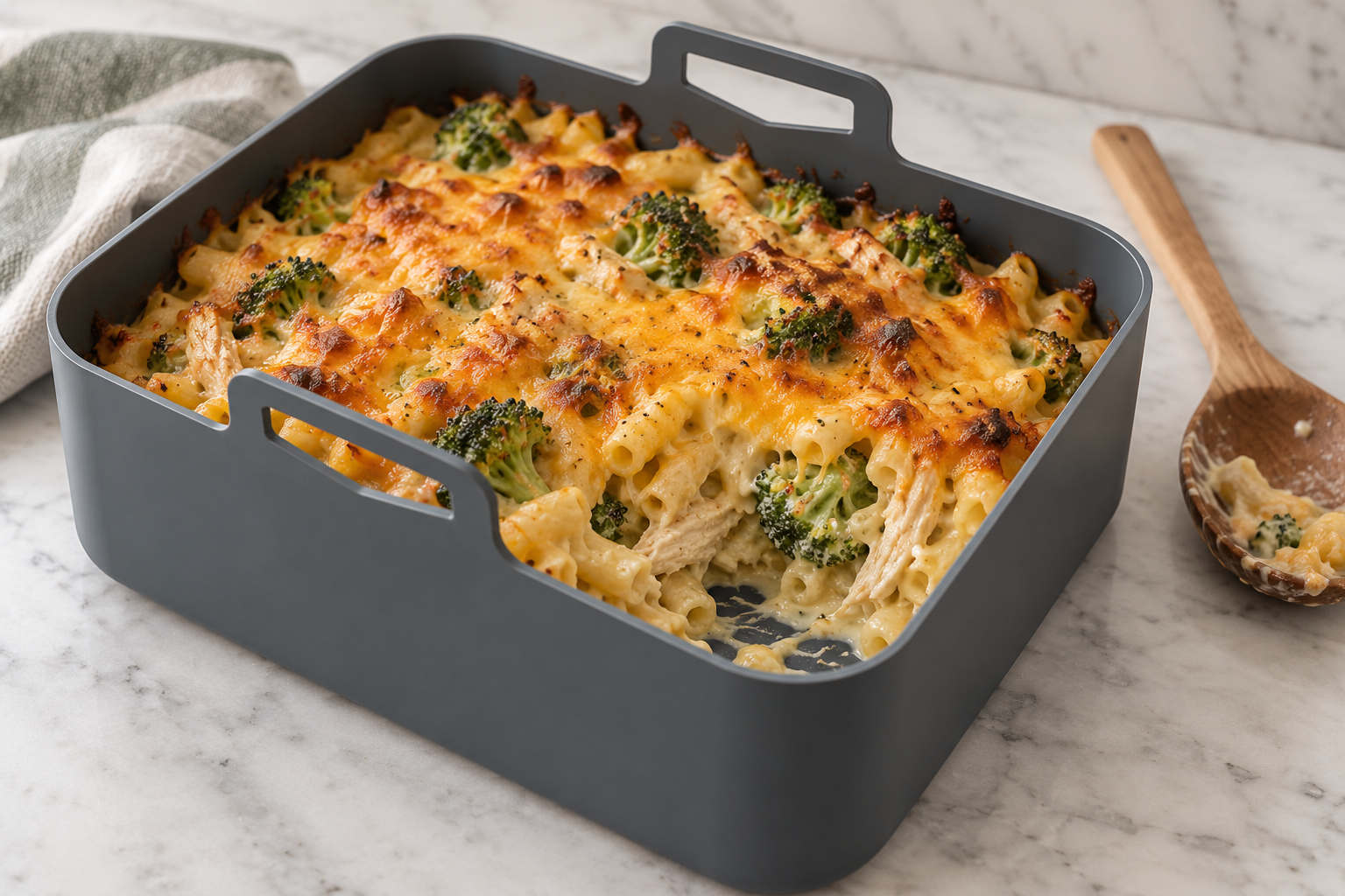 A golden, bubbling cheesy chicken and broccoli pasta bake in a grey Kitchen Curated silicone air fryer liner on a white marble worktop, with a wooden serving spoon beside it.