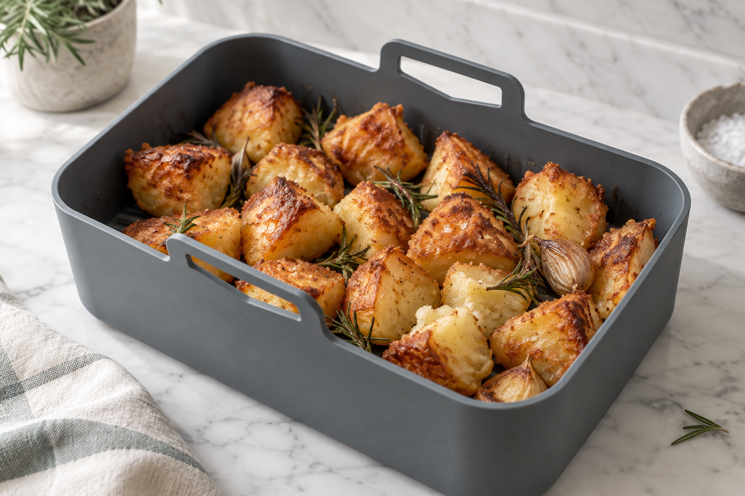 Crisp golden roast potatoes with craggy edges, rosemary and whole garlic cloves, in a grey Kitchen Curated silicone air fryer liner on a white marble worktop.