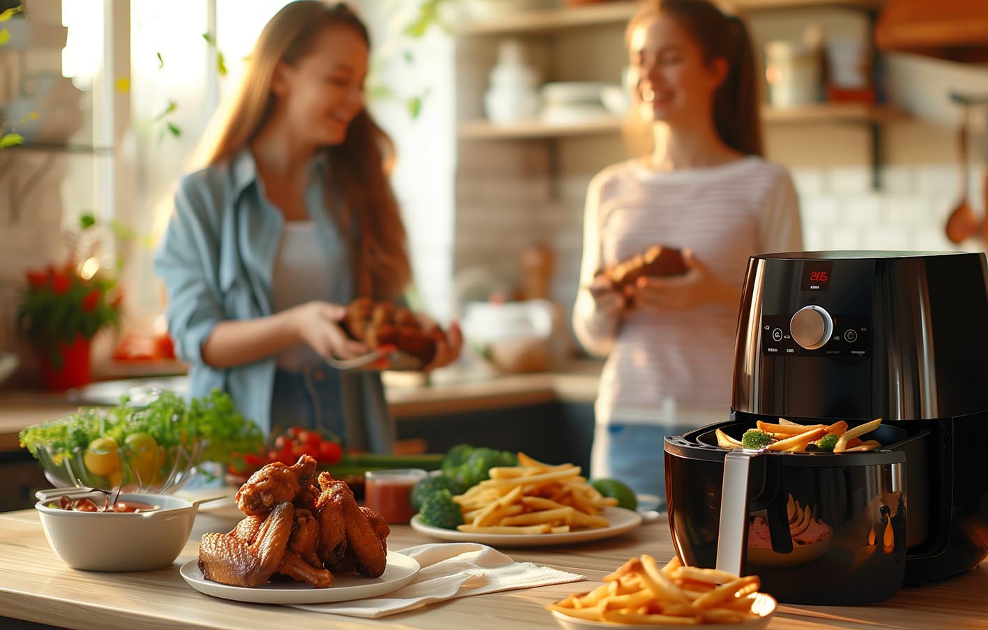 The image you’ve just shown (two women, fries, glossy black air fryer) is AI-generated. The liner shape, handle geometry and tray proportions are not your exact Kitchen Curated mould.